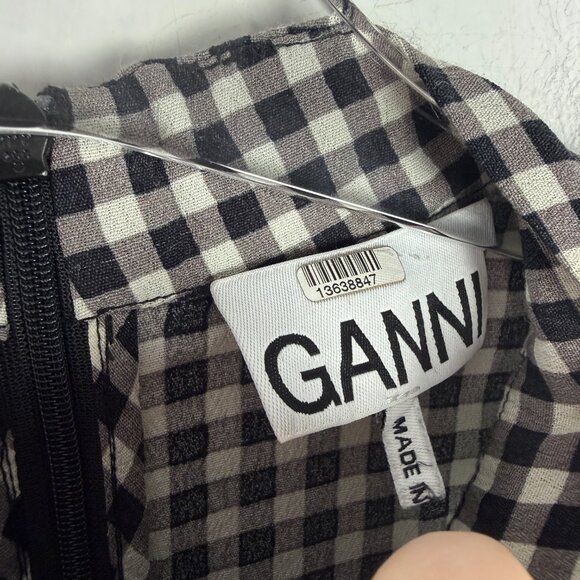 GANNI Gingham Crepe Mini Dress Mock Neck Black White EU Size 38 US Size 6 EUC - Picture 7 of 14